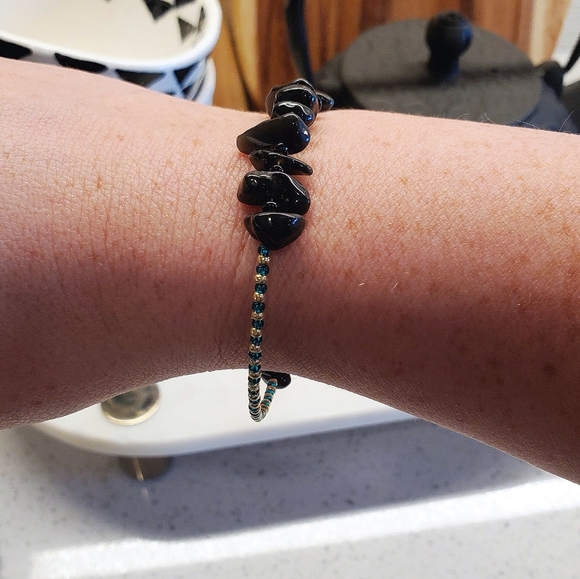 Hematite Gemstone w/ Gold & Teal Beaded Bangle Set - Picture 7 of 9